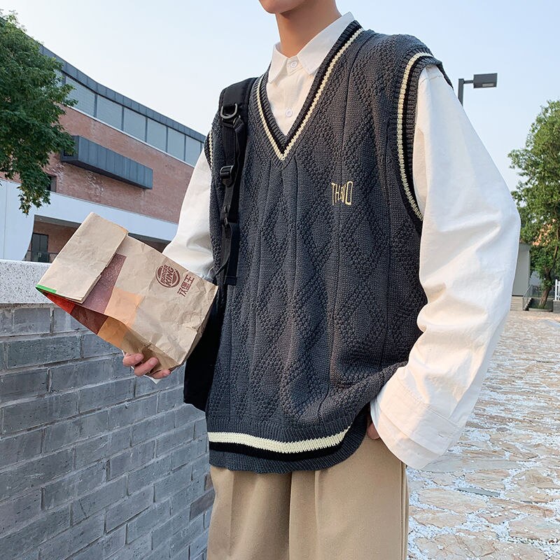 Genser Vest menn brev trykt bf v-hals 2xl oversize herre vester preppy stil streetwear stripetopp fritid strikkede gensere: Mørkegrå / Xl