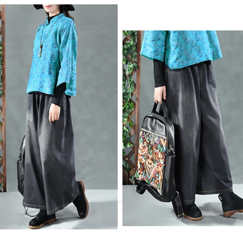 Pantalones vaqueros chinos tradicionales para mujer, pantalón informal de cintura elástica en línea, de pierna ancha, TA1376,