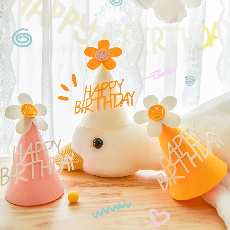 Ins barn gul blomst bursdagshatt liten tusenfryd festhatt baby shower hodeplagg hvit gratulerer med dagen smil pannebånd