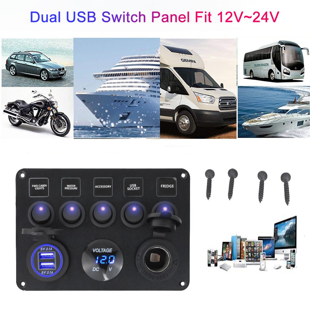 Boat Switch Panel Car Switch Panel Waterproof Digital Dual USB Voltmeter Port 12V Outlet Combination Marine LED Rocker 5 Gang