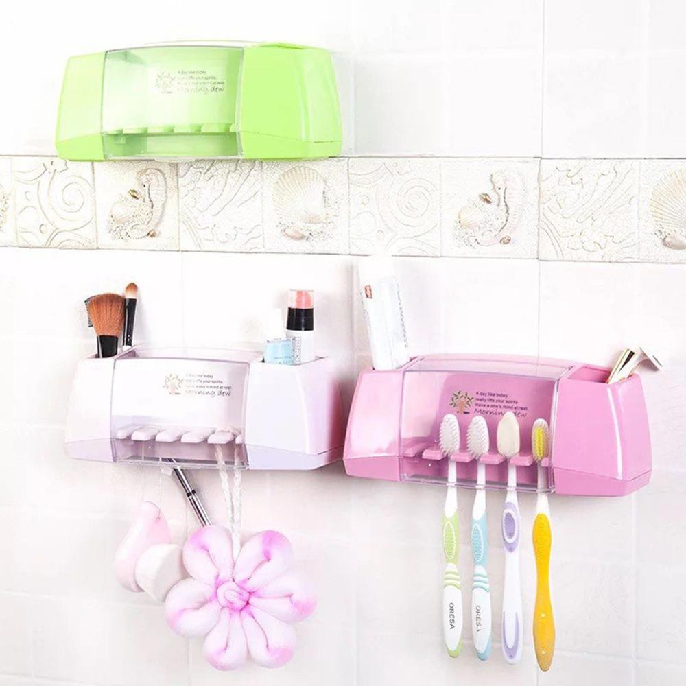 1 sæt vægbeslag tandbørste opbevaringsstativ automatisk tandpasta dispenser tandbørsteholder arrangør badeværelse tilbehørssæt: Hvid