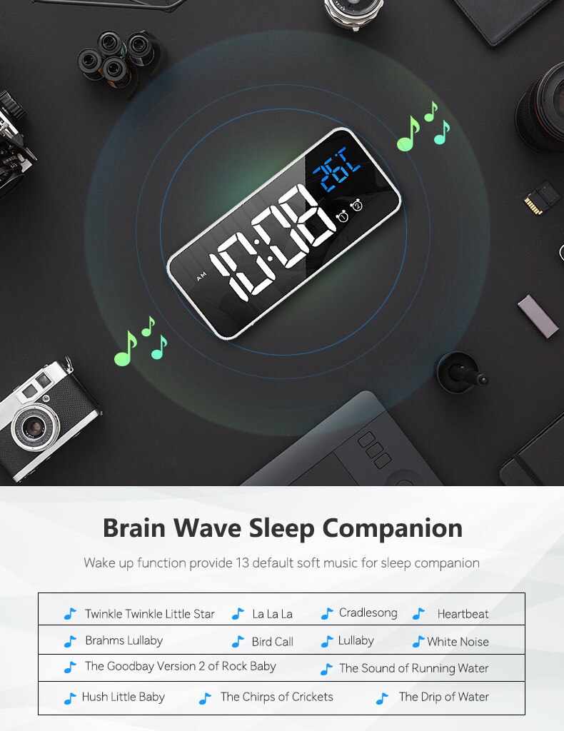 LED Digital Alarm Clock With Sound-Activated Snooze Function Rechargeable Temperature Mirror Display Clock For Office Home