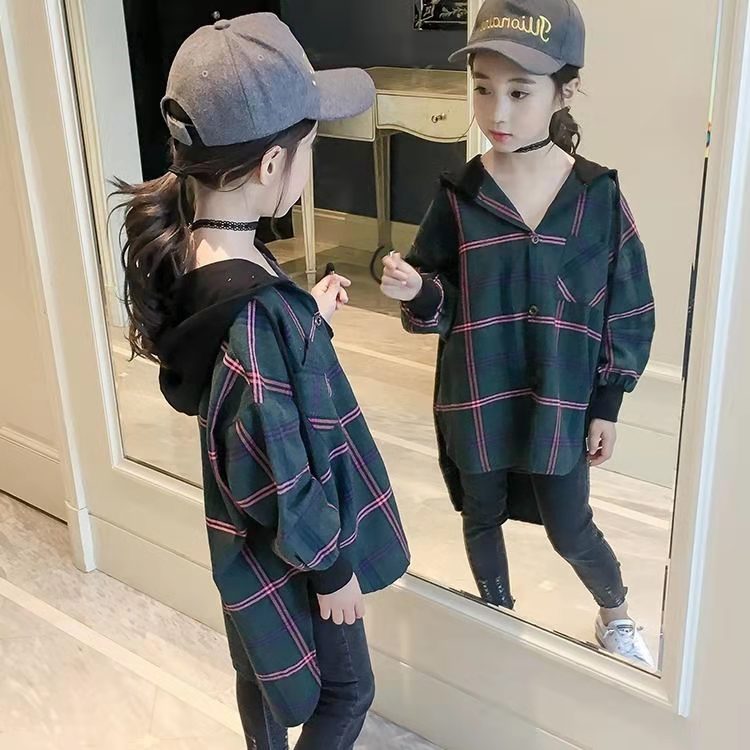 Hot 2022 bambini camicetta ragazza cotone verde/rosso camicie a quadri per adolescenti primavera autunno moda giacca Cardigan con cappuccio 3-13 anni