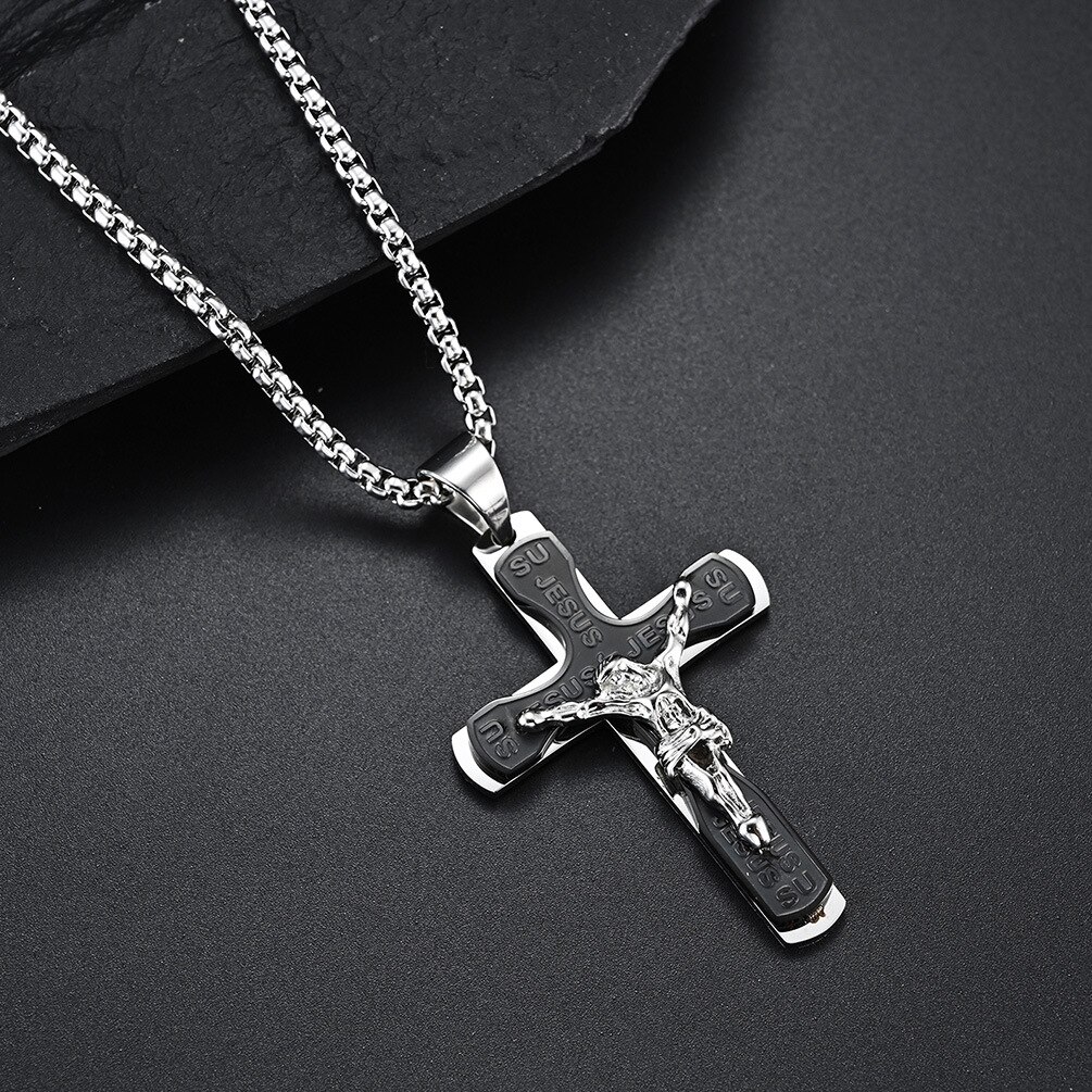 JESUS Multi-Layer Cross Pendant Necklaces Christian Stainless Steel Payer Necklace for Men Him Male Jewelry