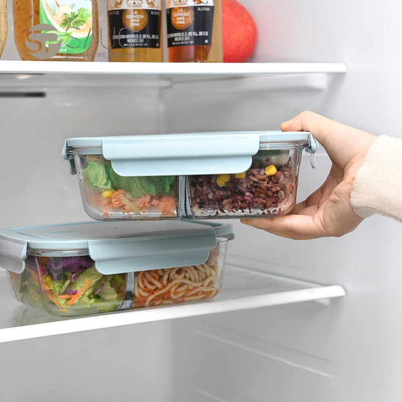 Lunch box, glass partition, heatable lunch box, rectangular lunch box, compartmentalized set, crisper for microwave oven