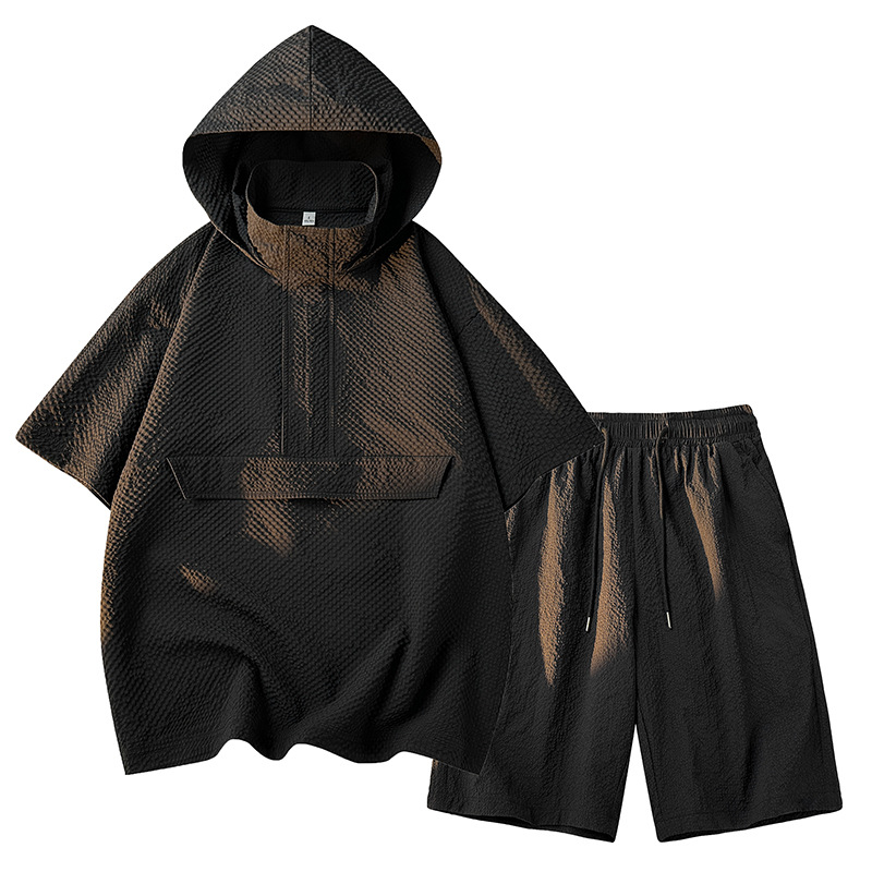 Sommer t-shirt shorts sæt til mænd trendy mærke hættetrøje korte ærmer løs pullover halv lynlås todelt hurtigttørrende tynd: M / Sort
