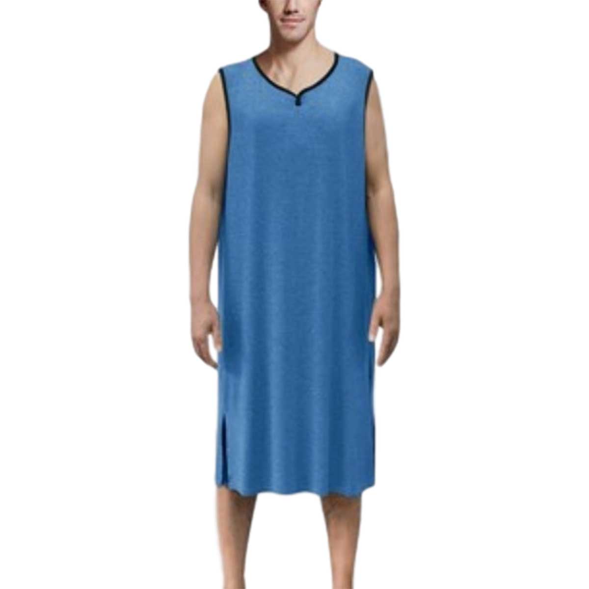 Men's Nightwear Robes Fashionable V-Neck Sleeveless T-Shirt Nightwear for Men Gray Sapphire Blue Summer Outfit Nightgown Pajamas: Blue / XXXL