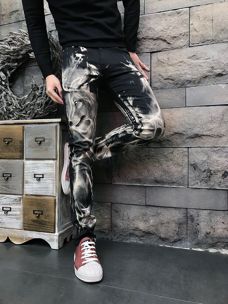 Menn tilfeldig jeans med ulveprint herre 3d mønster farget tegning malebukser slank tøye ut bomull dongeribukser