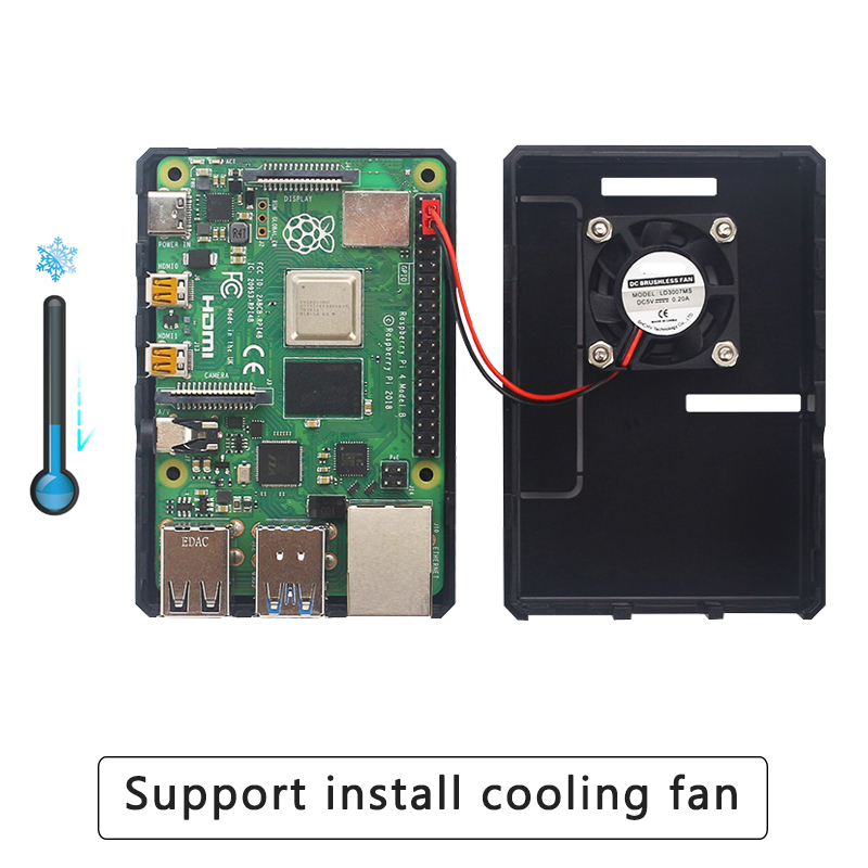 Raspberry Pi 4 Case ABS Plastic Removable GPIO Cover Transparent Black Shell Support Cooing Fan for Raspberry Pi 4 Model B