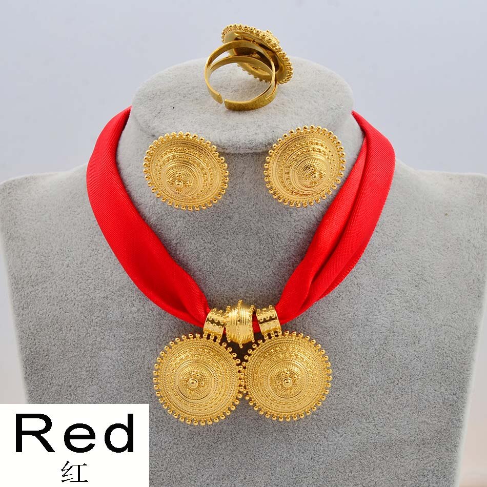 Anniyo DIY Rope Chain Ethiopian Jewelry Set Gold Color Eritrea Ethnic Style Habesha Pendant Earrings Ring #217106: Red