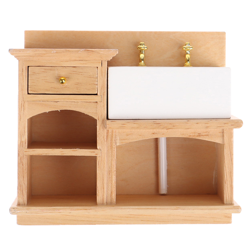 1PC 1/12 Holz Waschbecken Schrank mit Keramik Hand Waschbecken Miniatur Möbel Spielzeug für Puppenhaus Schlecht Küche Dekoration