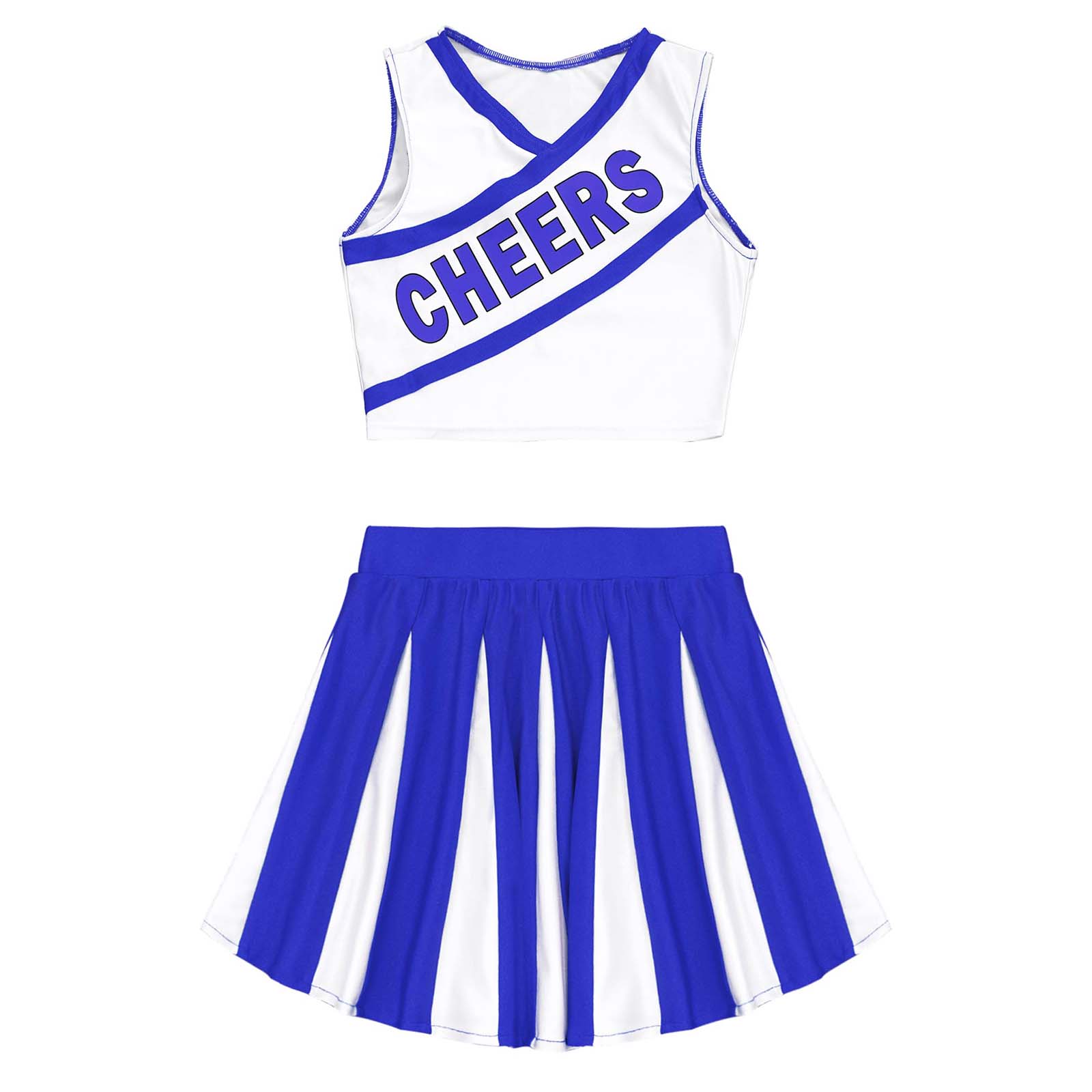 Kids Girls Cheerleading Clothes Set Dance Costume School Uniform V Neck Sleeveless Cheers Print Vest and Pleated Skirt Outfit: Royal Blue / 6