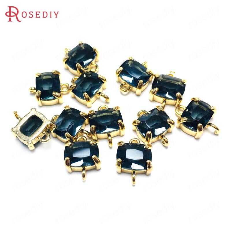 (38230)6PCS 8x10MM 24K Champagne Gold Color Brass and Glass 2 Holes Rectangle Connect Charms Pendants Diy Findings Accessories: Grey