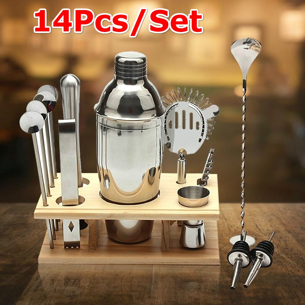 14 Stks/set Party Bar Professionele Barman Kit Mixer 550Ml Shaker Bar Set Premium Bar Tool Levert Met Houten Frame