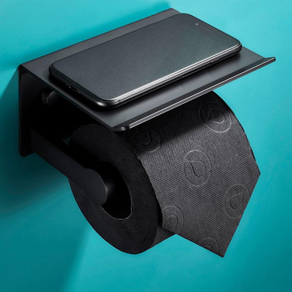 Wall Mounted Black Toilet Paper Holder Tissue Paper Holder Roll Holder With Phone Storage Shelf Bathroom Accessories