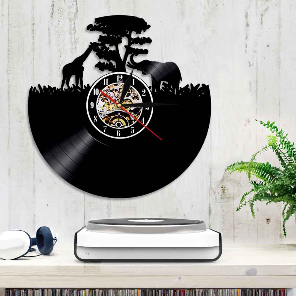 Griaffe Elephant Vinyl Wall Clock Africa Animal Handmade Craft Clock With LED Backlight Nursery Decor For Kids