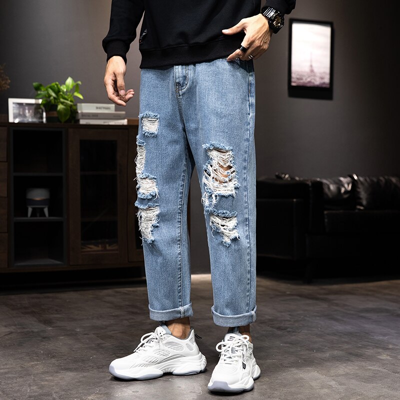 Pantalones vaqueros rasgados para hombre, pantalón de pierna ancha, corte recto, corte holgado, azul, desgastado, Agujero roto, ropa de calle, estilo Punk, longitud hasta el tobillo