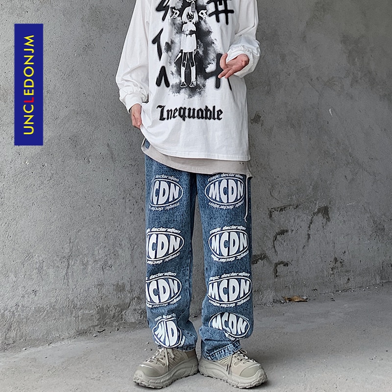 UNCLEDONJM Reflective letter jeans men hiphop high street denim jeans streetwear men graffiti jeans men clothing ED-Y802
