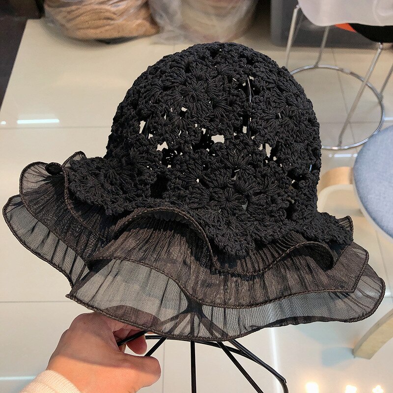 202012-yc2115 French garden Eyelash lace handmade crochet Ruffle Hollowing out acrylic leisure lady sun cap women hat