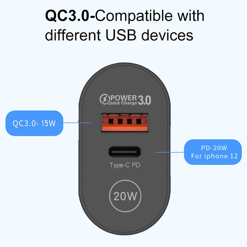 USLION – chargeur USB PD 20W QC3.0, Support USB type-c, charge rapide, pour téléphone iPhone 12 Pro Max 11 AirPods iPad Huawei