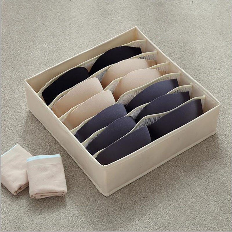 Sovesal skab arrangør til sokker hjem adskilt undertøj opbevaringsboks bh arrangør foldbar skuffe arrangør: Beige 7 gitre