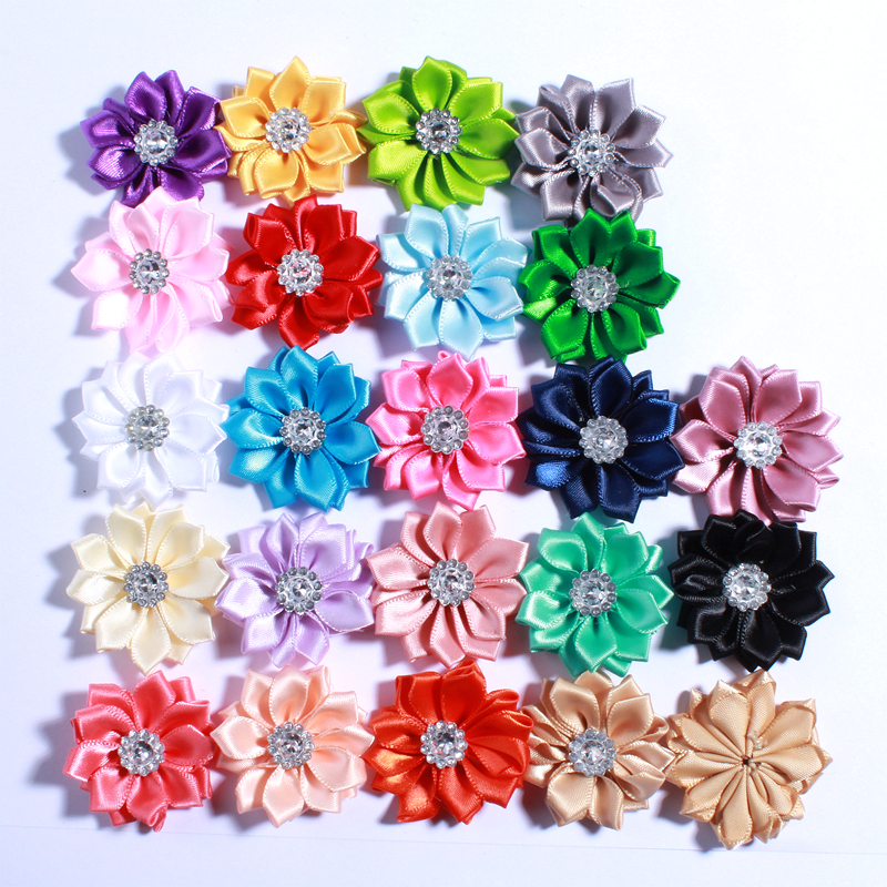 120PCS 4CM Multilayer Mini Satin Flower With Acrylic Button Silk Ribbon Fabric Flower For Head Wear U Pick Color