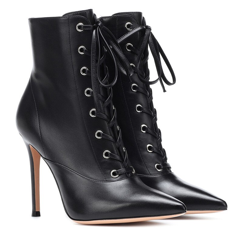 Ladies High Heeled Boots Lace Up Leather Boots Pointed Toe Ankle Boots Zipper Closure