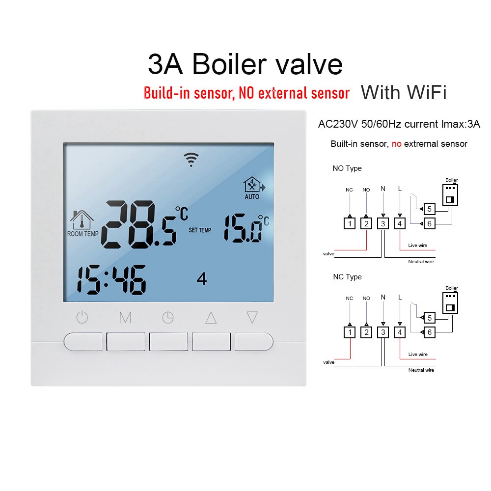 Wifi lattialämmitys termostaatti lämpötilansäädin säädin 220v 16a/3a lcd kosketusnäyttö ohjelmoitava sininen taustavalo sähköinen: 3a kattilan toimilaite