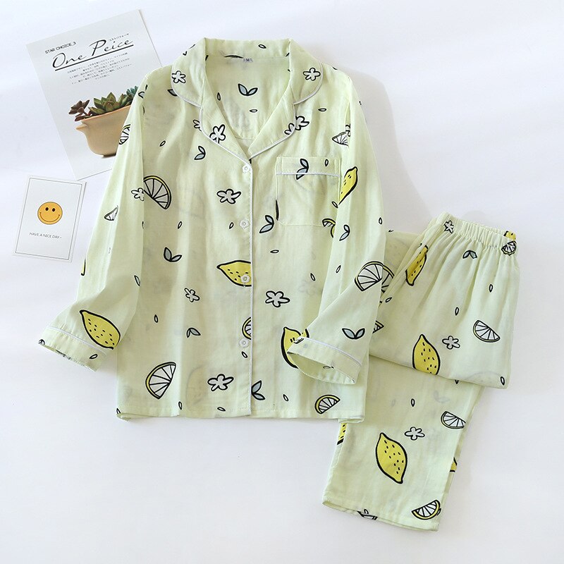 Pijamas de gasa de algodón para mujer, ropa de manga larga para el hogar, fresca y bonita, fina, de talla grande, conjunto de dos piezas, primavera y otoño, novedad: Yellow lemon / L