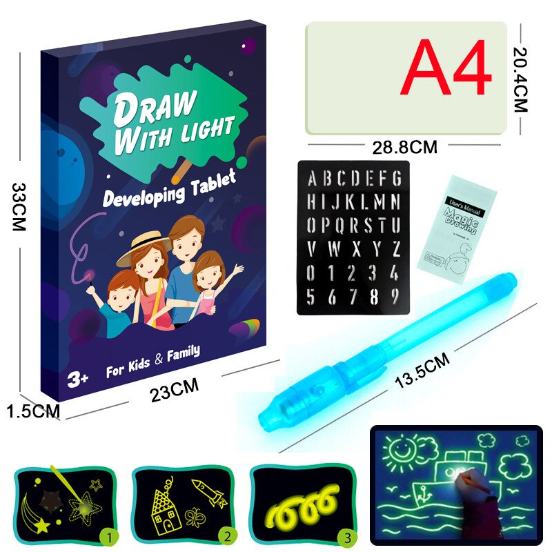 Kids 3D Magic Drawing Pad Fluorescent Puzzle Luminous Magical Writing Pad 3D Luminous Drawing Board for: English Blue A4