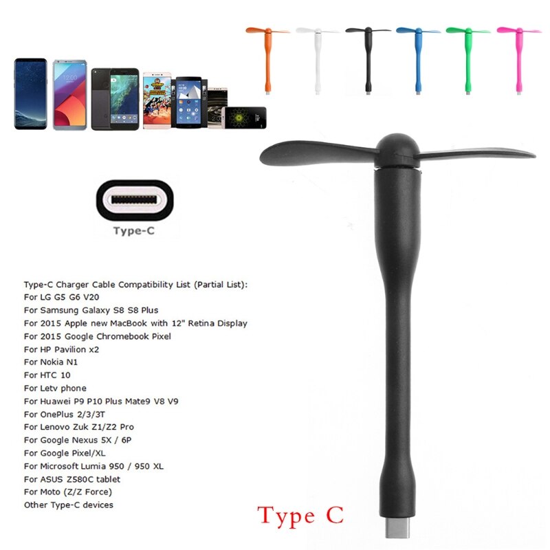 USB tipo C, Mini ventilador TPE portátil Flexible para Samsung S8 LG G6 Macbook con puerto tipo C