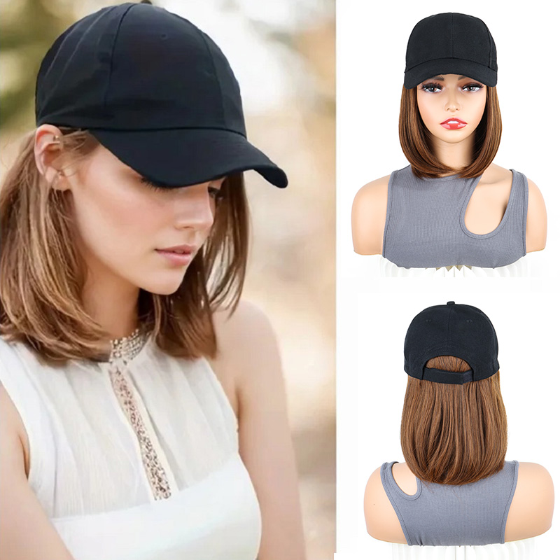 Pelucas sintéticas cortas y rectas para sombrero Bobo, gorra de béisbol, peluca ajustable en negro y marrón para mujer