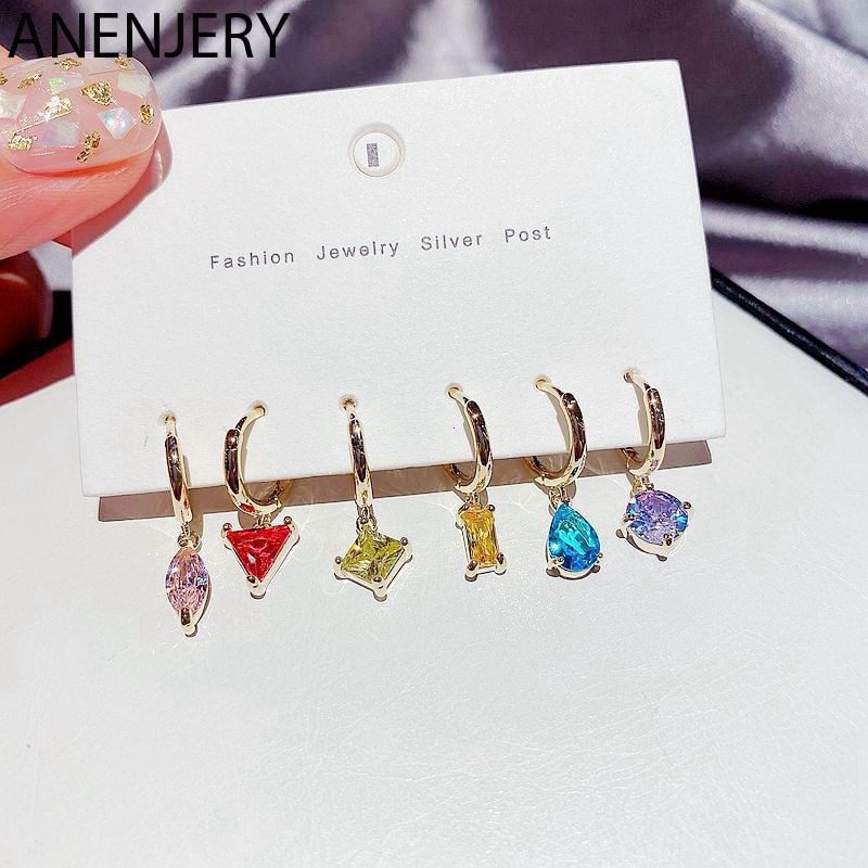 ANENJERY 6pcs Dainty Color Zircon Hoop Earring Set for Women Asymmetric Geometric Shape Earrings Gold Color Jewelry S-E1293