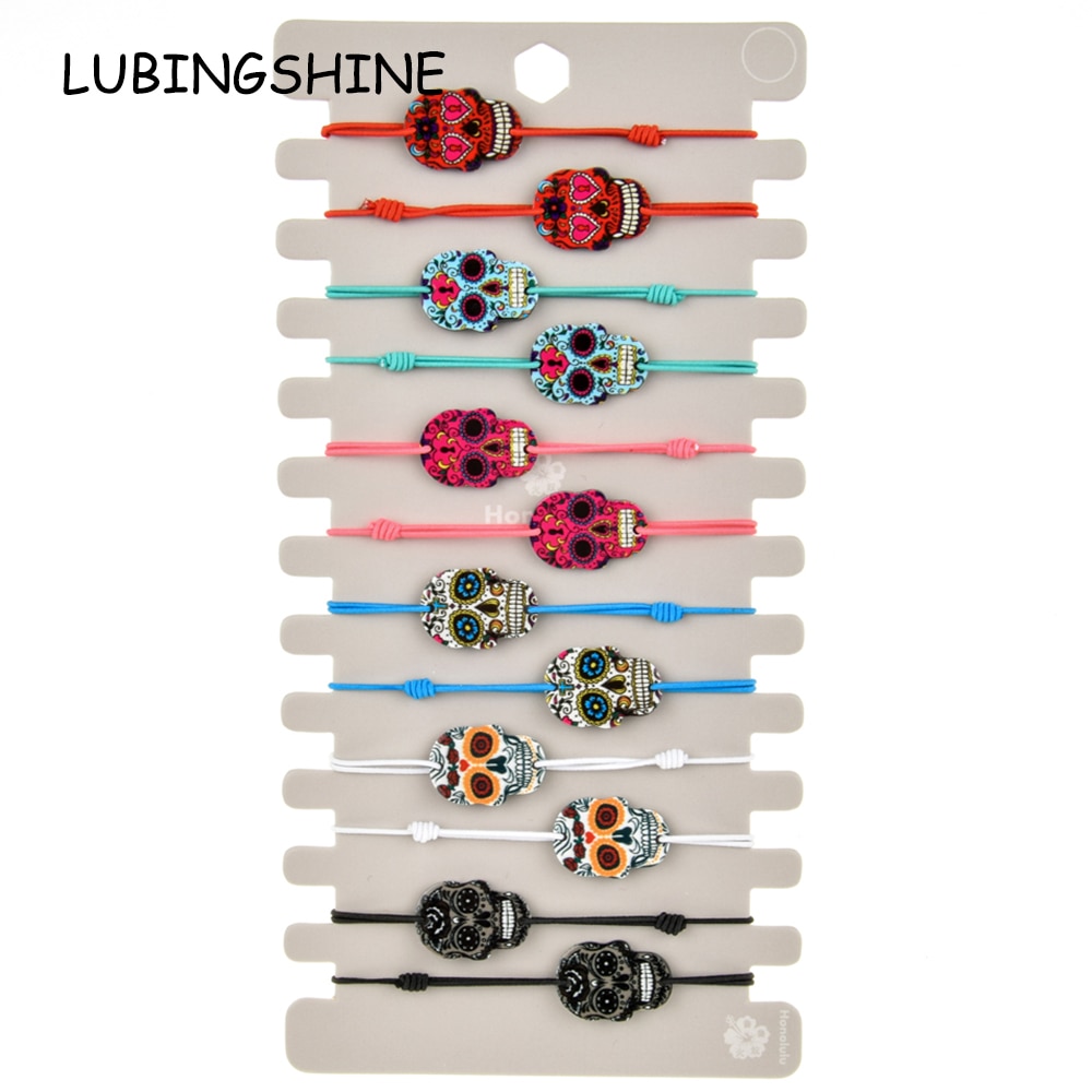 12pcs/lot Enamel Skull Charms Braided Bracelet for Women Child Adjustable Elastic Rope Chain Yoga Anklet Jewelry