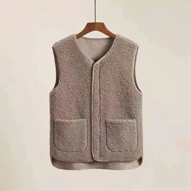 Autumn Winter Women's Vest Lamb Wool Korean Version Versatile Imitation Fur One Short Girls' Vest Zipper Coat Casual Beige: XXL / black