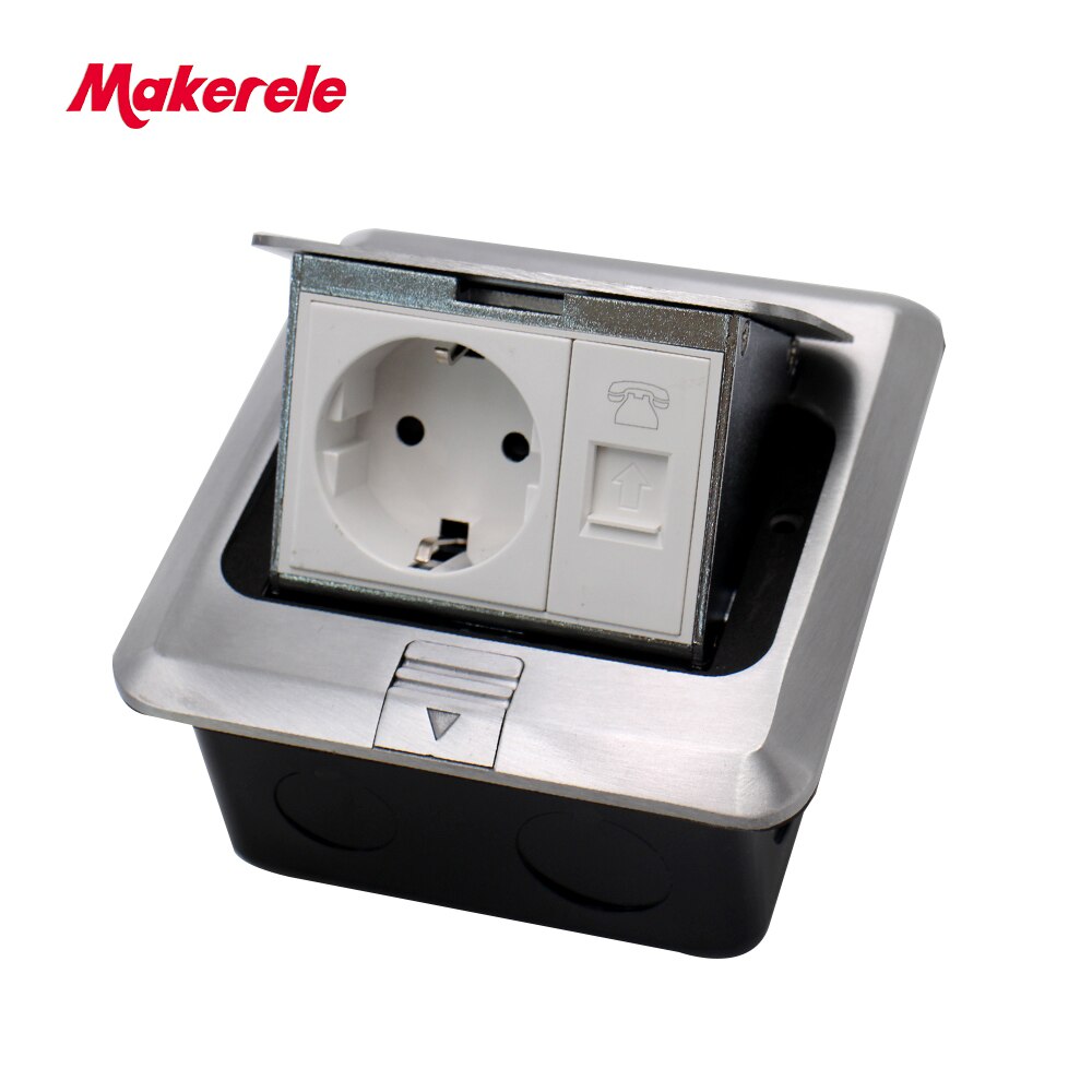 EU Standard Floor Socket square shape Pop Up Outlet Box with rj45 net/phone/USB connector aluminium alloy panel Makerele