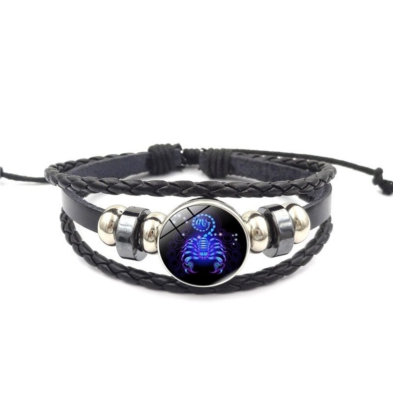 12 Constellation Zodiak Teken Blauw Glas Lederen Armband Ram Waterman Leeuw Maagd Geweven Glas Dome Sieraden Punk Mannen Armband: Scorpio