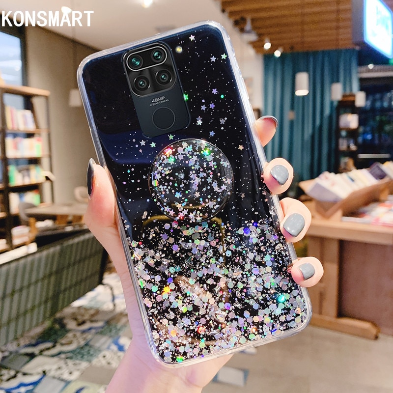 KONSMART For Xiaomi Redmi Note 9 Case Glitter Star Clear Silicone Soft 6.53" Back Cover Redmi Note 9 Phone Case With Holder Capa