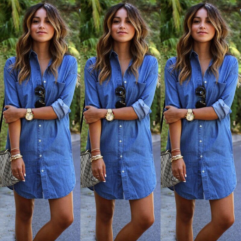 Women Denim Jeans Dress Button Summer Long Sleeve Casual Tops Mini Shirt Dress Bikini Cover Up Beachwear