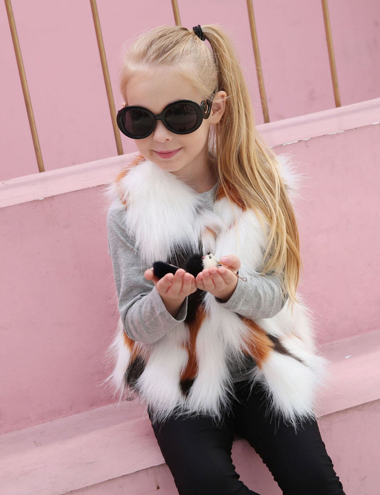 Autumn and winter girls' imitation fur stitching vest jacket boutique wool blended vest thick jacket warm jacket F4*