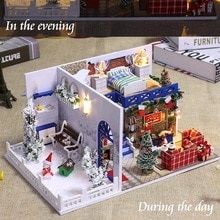 1 Set Christmas Mini House Miniature DIY House Kit Educational Handmade Assembly Model Room Furniture Without Battery