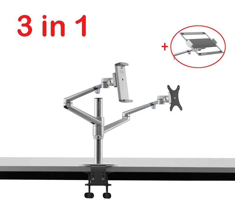 OL-3T Aluminium 3 In 1 Hoogte Verstelbare Desktop Dual Arm 17-32 Inch Monitor Houder + 10-17 inch Laptop Stand + 14 Inch Tablet Mount: Zilver