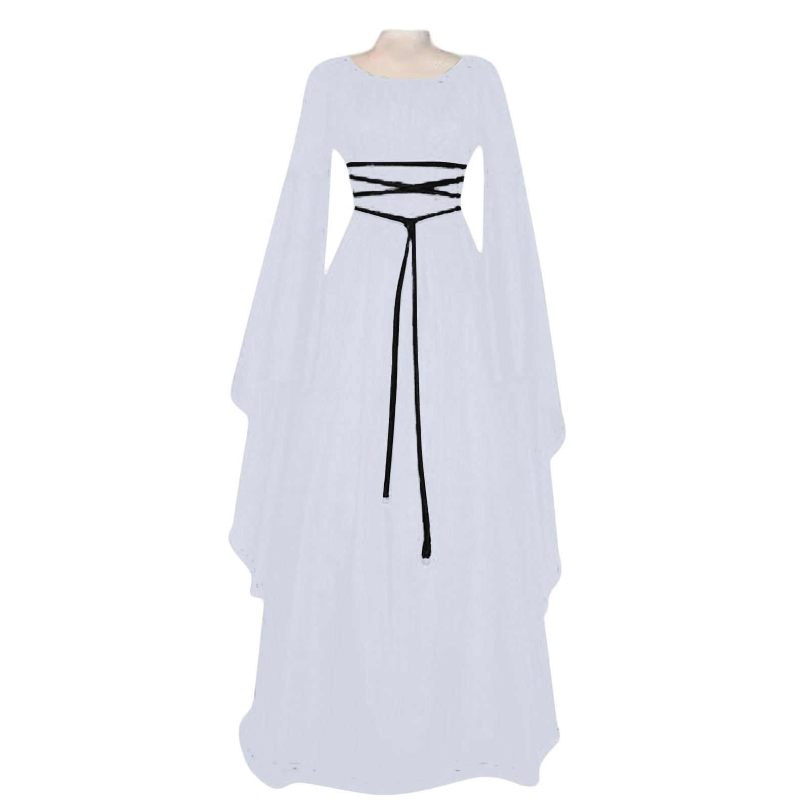 Vrouwen Middelbare Leeftijd Vintage Kostuums Sexy Lange Mouw Veters Middeleeuwse Gotische Vloer Lengte Jurken Cosplay Retro Lange Maxi Jurk: L / WHITE