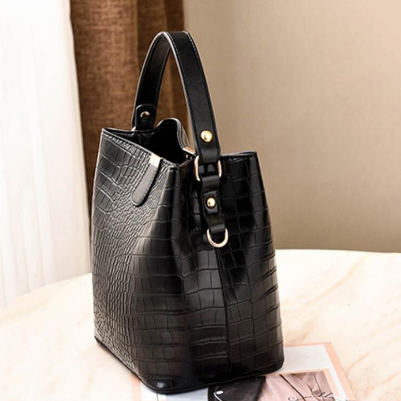 Laamei Solid Handbag Bucket Bags Women Pattern Handbag High Capacity Casual Crocodile Shoulder Messenger Bags Ladies PU Purse