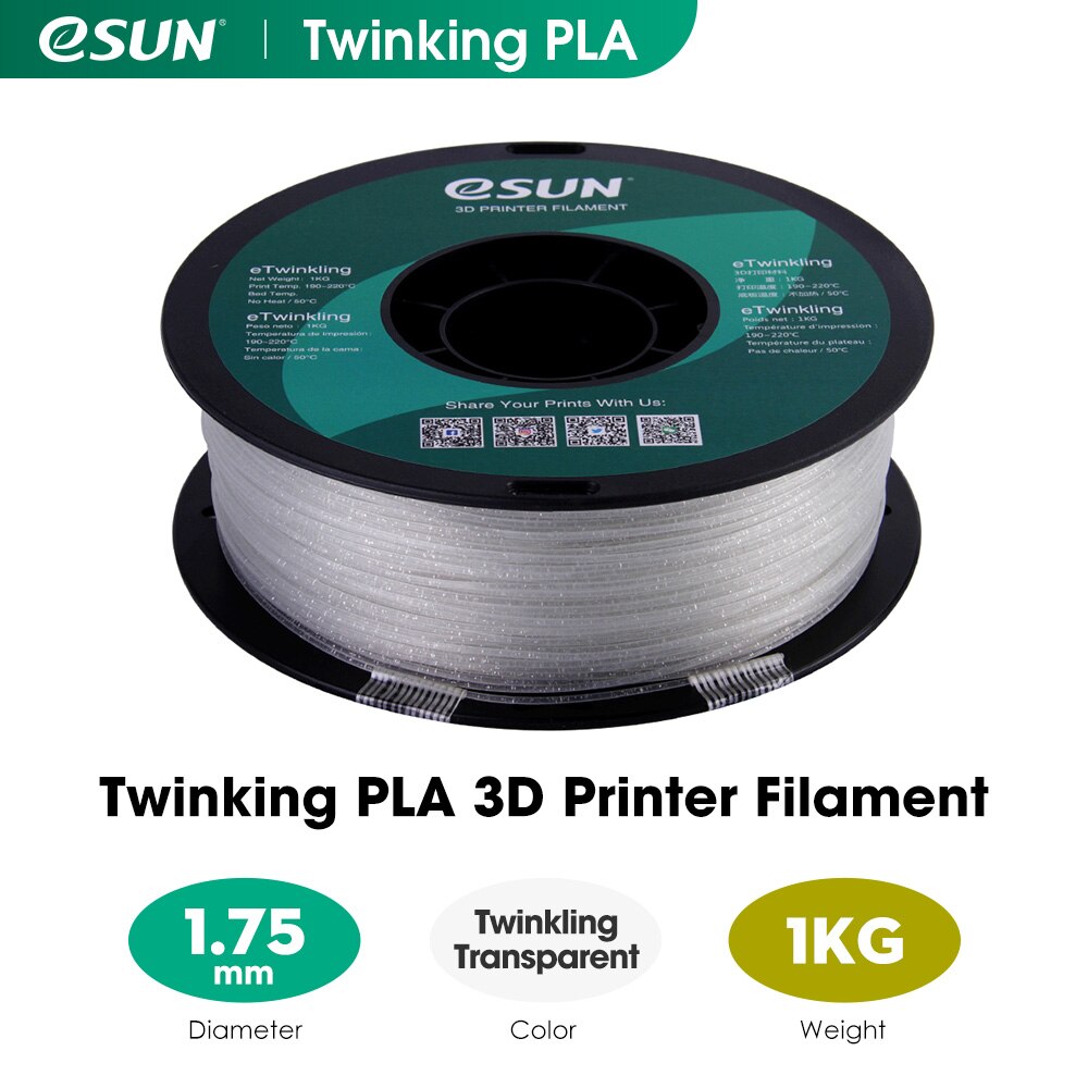 eSUN Twinkling PLA Filament 1.75mm Glitter PLA 3D Printer Filament 1KG (2.2 LBS) Spool 3D Printing Materials for 3D Printers: Twinkling Clear