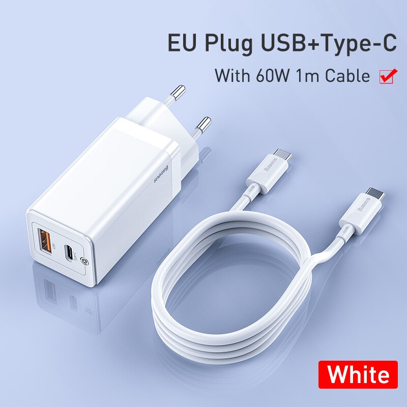 Baseus-cargador rápido GaN de 45W para iPhone, compatible con SCP QC3.0 PD3.0, carga rápida para Xiaomi, viaje, portátil: EU  USB Type-C White