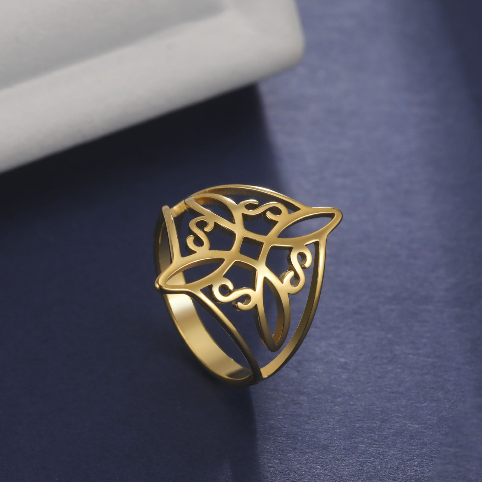 Skyrim Hexenknoten-Ring, Edelstahl, goldfarben, Hexerei, Amulett, Schutz, Fingerringe, Wicca, Kreuz, Celtics, Knoten, Schmuck