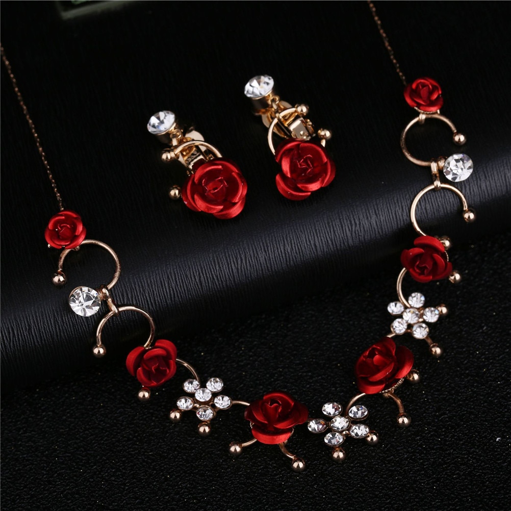 Vrouwen Elegante 1 Paar Oor Clip + 1 Ketting Rode Bloem Casual Jurk Accessoire Mode Legering Oor Clip Neckless Sieraden set