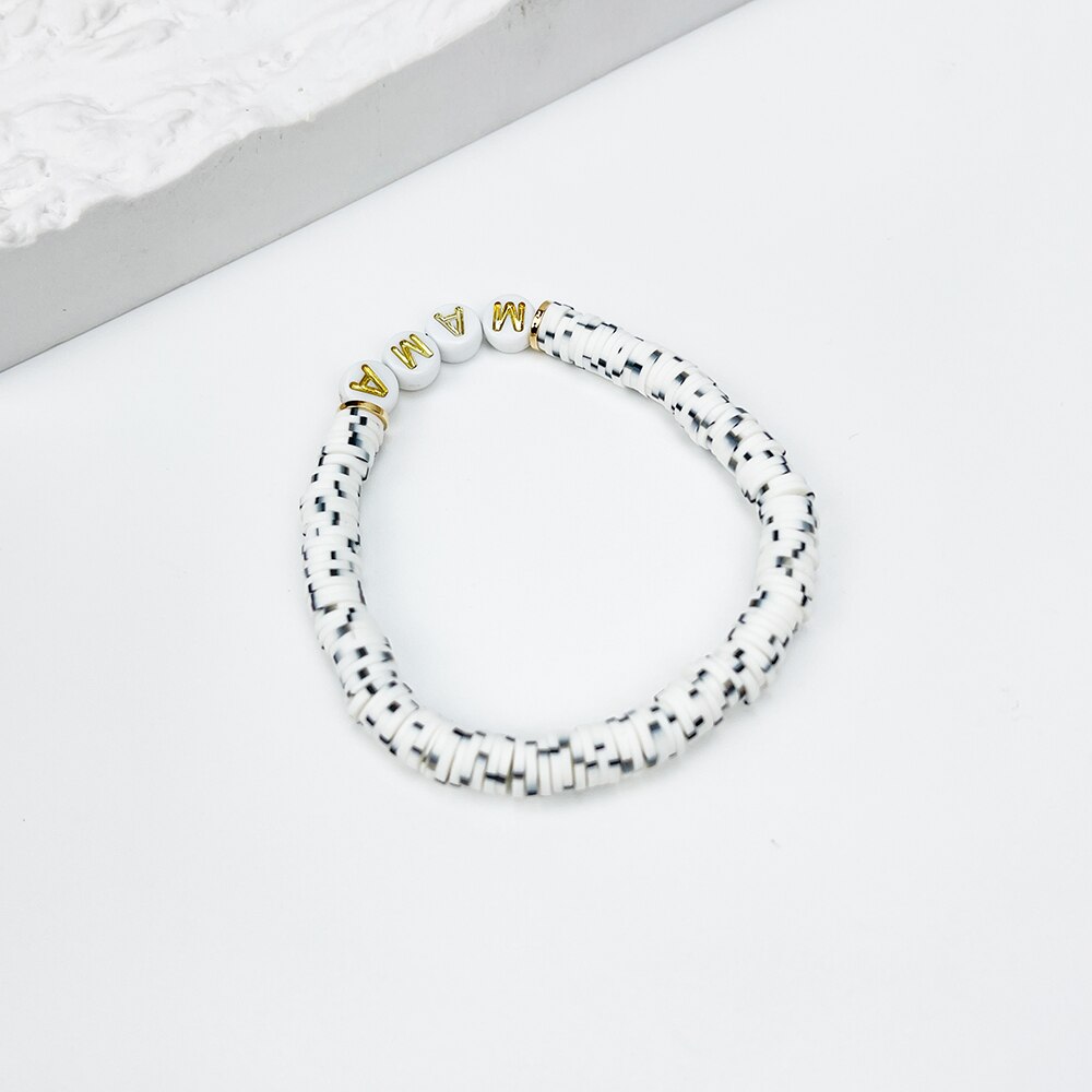 Peri&#39;sbox Cute Handmade Rainbow Polymer Clay Disc Bead Bracelet With Acrylic MAMA Letter For Mother&#39;s Day Jewelry: white