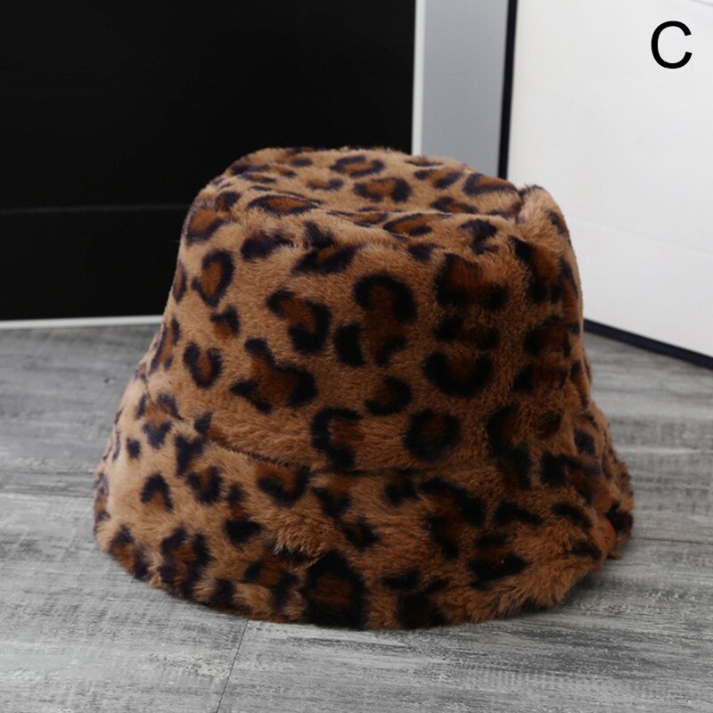 Korea kvinder efterår vinter vintage leopard plys bucket cap faux fur plys sød dejlig fisker hat varm kasket dame: C